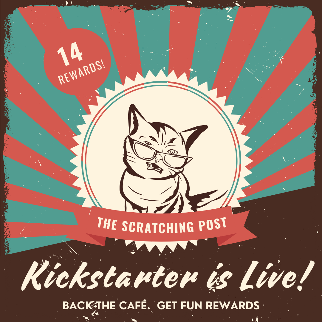 TSP Instagram Post Square Kickstarter is Live cat with glasses and bandana on sunburst background