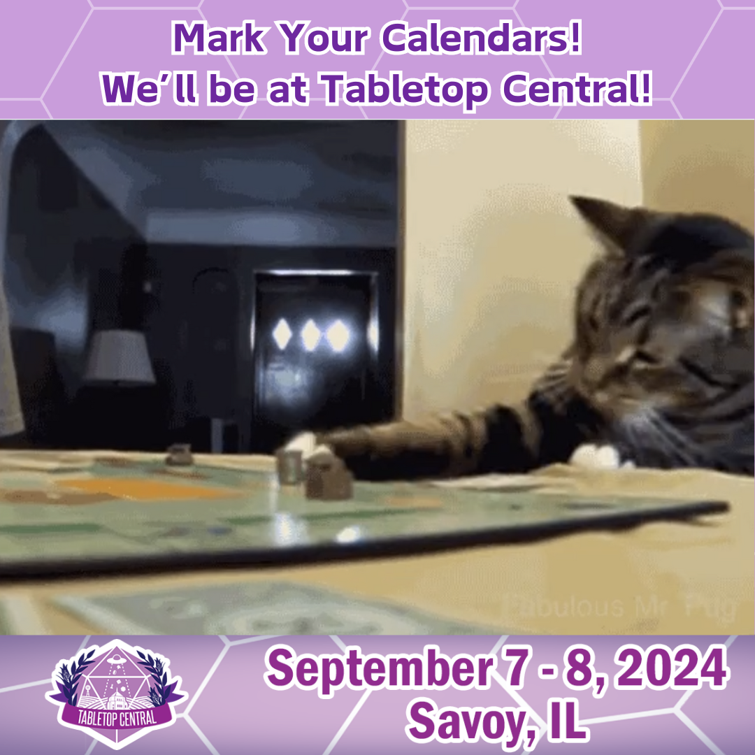 Tabletop Central Event for The Scratching Post Savoy, IL, cat batting at board game piece.
