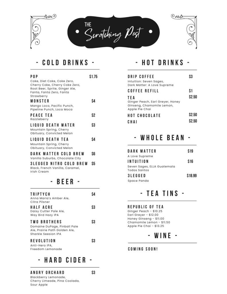 Drink Menu at The Scratching Post Cat Cafe Board Game Cafe in Champaign, IL
