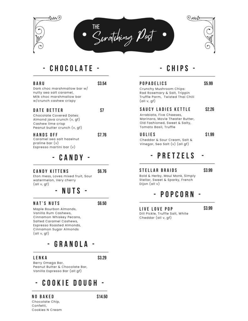 Snack menu for The Scratching Post Cat Cafe Board Game Cafe in Champaign, IL