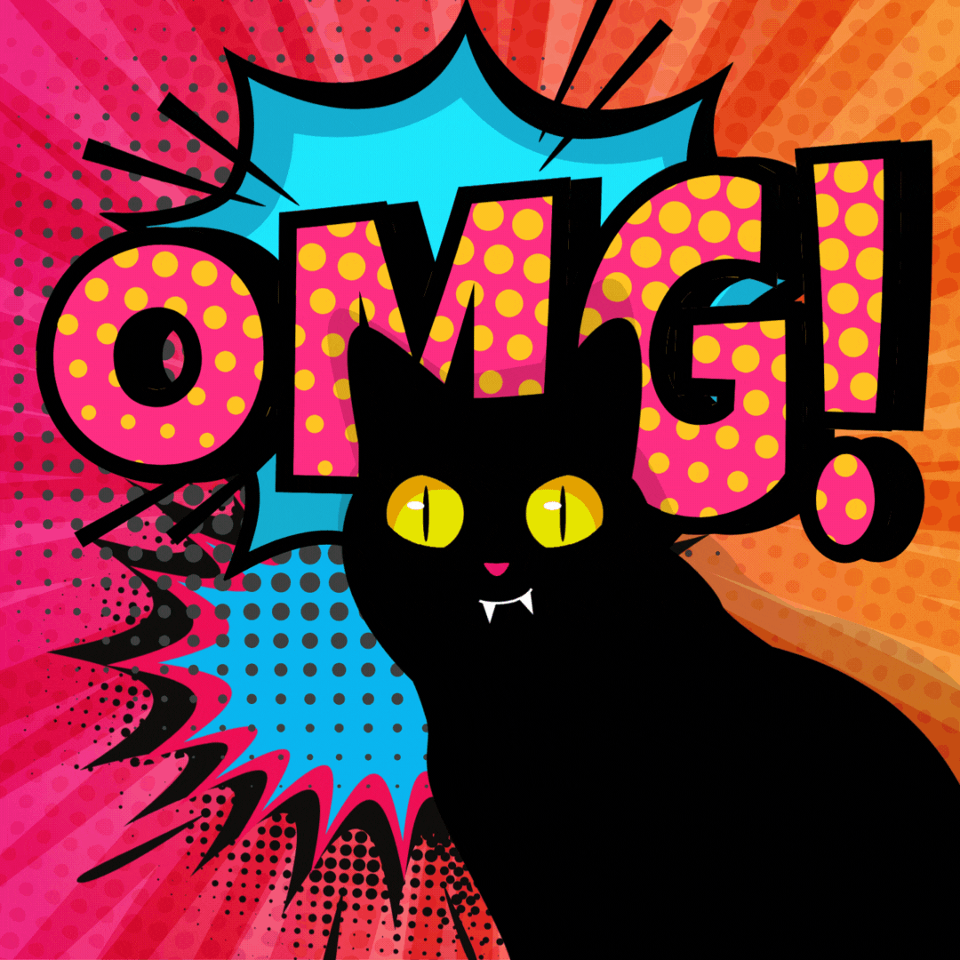 OMG background with black cat with dilating eyes, comic book style, scratching post cu champaign, IL